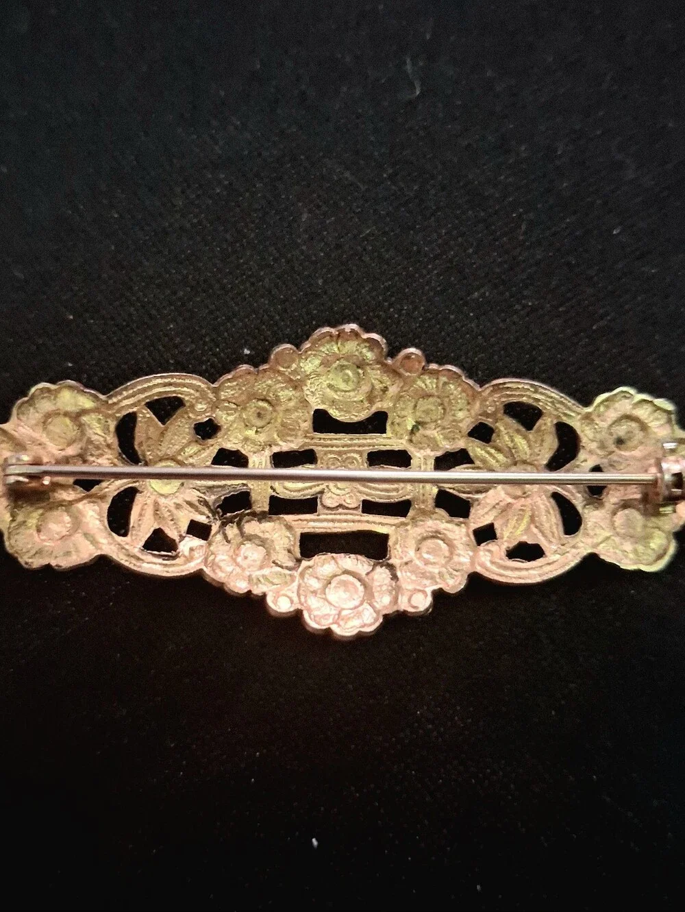 Vintage Floral Cutout Bar Brooch Antique Style Brass Gold Tone Pin